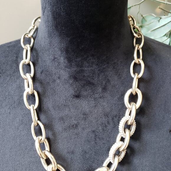 Loft Women Fashion Silver Tone Pave Rhinestone Bold Link Necklace w/ Lobster - Picture 3 of 8